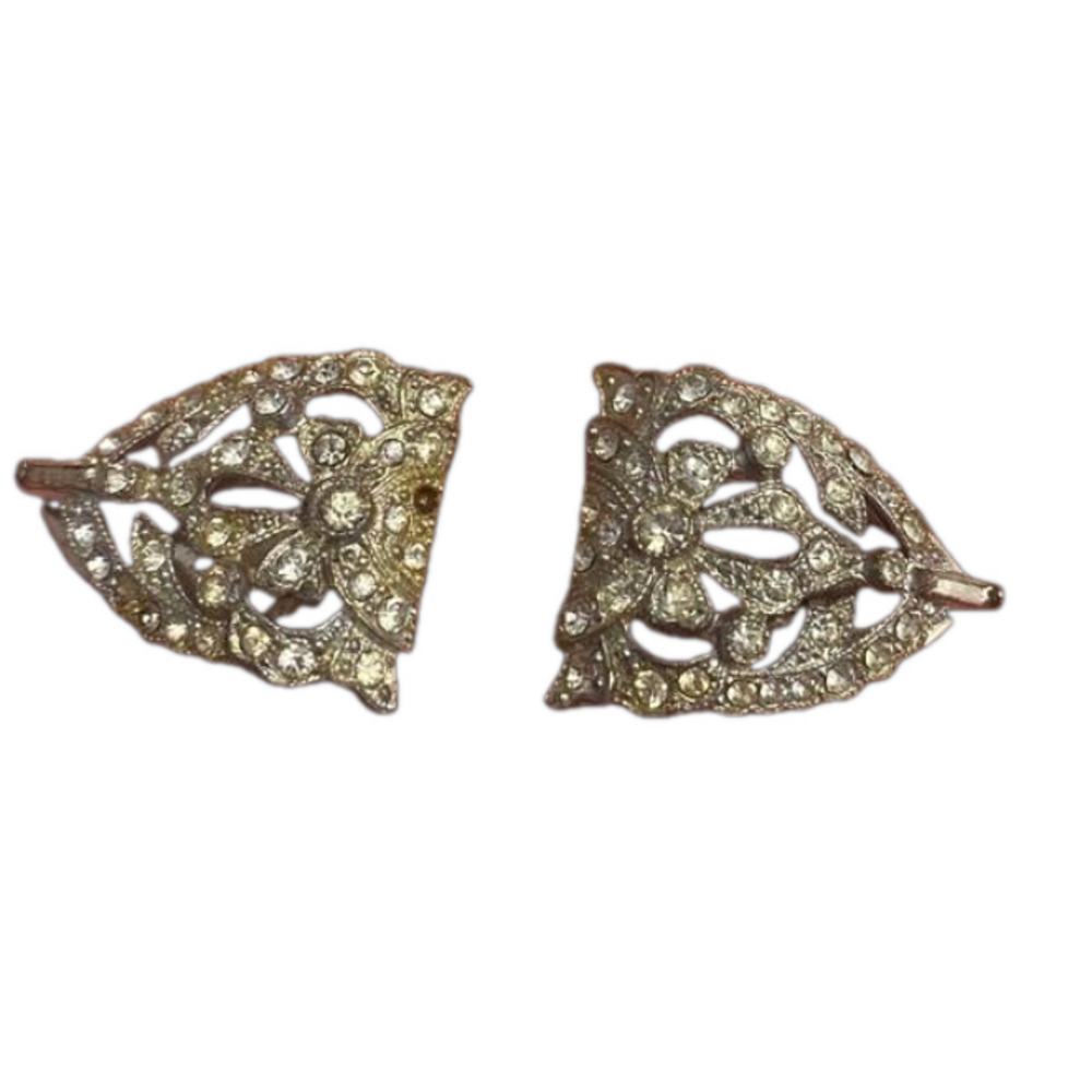 VTG 1930s Art Deco Pot Metal Rhinestone Dress Clips - Set of 2